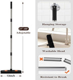 Pet Rubber Broom with 49inch Long Handle, Portable Detailing Lint Remover, Soft Push Broom for Fluff Carpet, Hardwood, Tile, Window (Black)