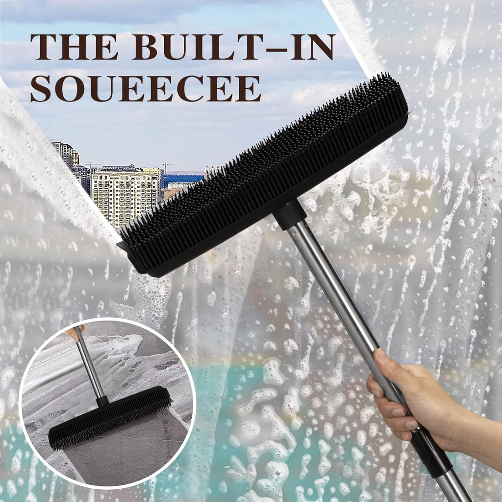 Pet Rubber Broom with 49inch Long Handle, Portable Detailing Lint Remover, Soft Push Broom for Fluff Carpet, Hardwood, Tile, Window (Black)